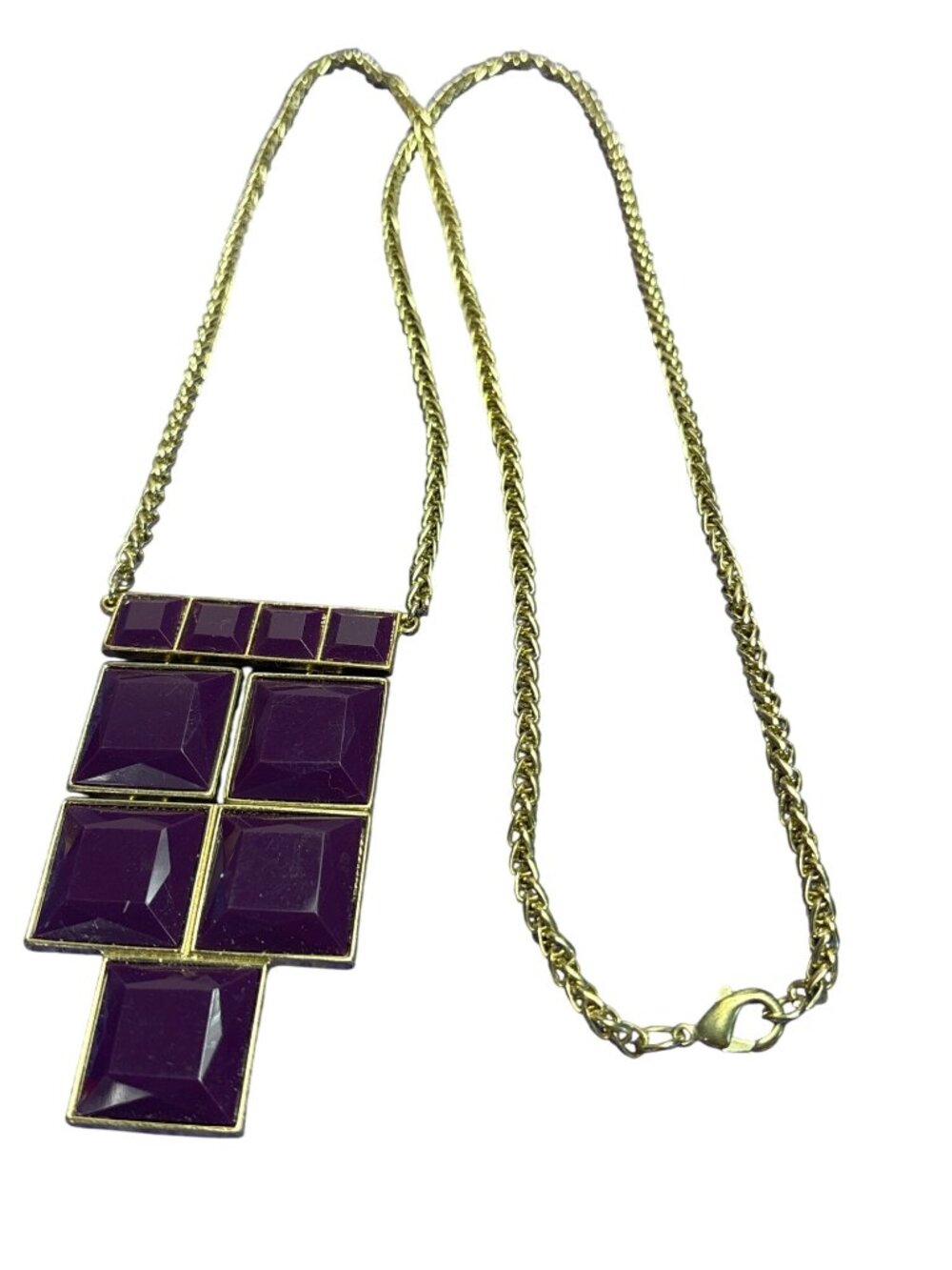 Geometric Purple Rhinestone Statement Necklace Goldtone Serpentine Rope Chain